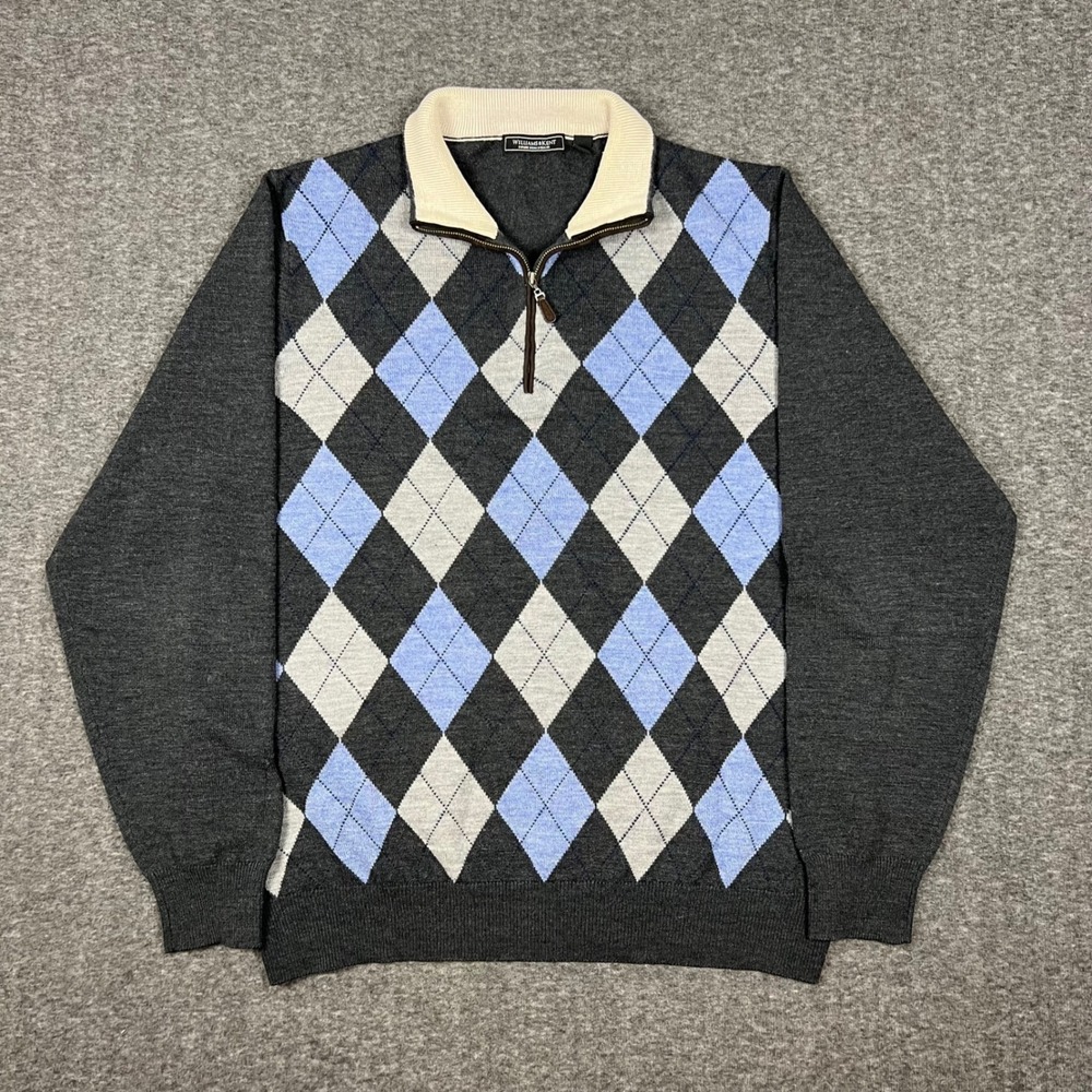 Williams & Kent Quarter-Zip Sweater Mens L Grey Argyle Merino Wool Good Snag